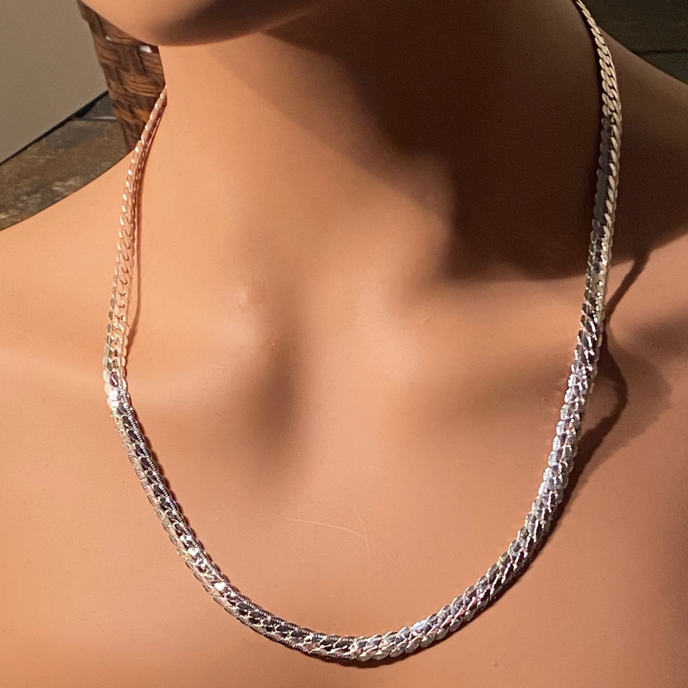 L24: 22” Length - 1/4” wide Silver Fancy Herringbone Style Neck Chain -Shiny New